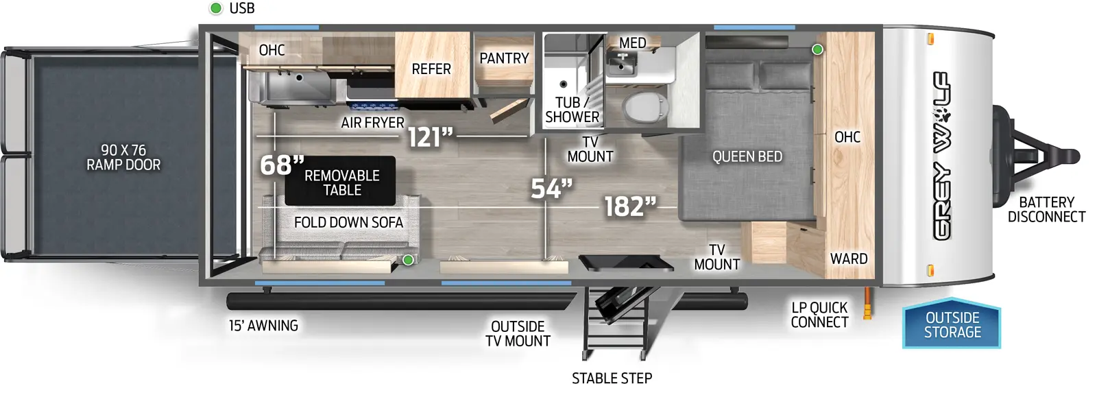 The Grey Wolf 18RR floorplan is a toy hauler that has one entry and zero slide outs. Exterior features include: metal exterior and 15' awning. Interiors features include: front bedroom.